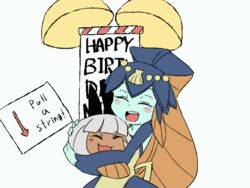  2girls animal_ears animated animated apron birthday blue_skin cat_ears chichibu_(watson) colored_skin commentary confetti_ball disembodied_head english_text fish_girl hug minette_(skullgirls) monster_girl ms._fortune_(skullgirls) multiple_girls ponytail sign skullgirls white_hair yellow_eyes 