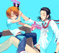  2boys ashihana_eiryou black_hair commentary_request karakuri_circus long_hair multiple_boys nanatoki necktie orange_hair saiga_masaru toy_gun water_gun 