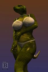  2015 2:3 3d_(artwork) anthro big_breasts biped blx24 bra breasts clothing digital_media_(artwork) female green_body green_eyes green_skin hi_res jewelry lizard nails navel necklace non-mammal_breasts panties reptile scalie solo spikes standing underwear 