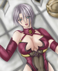  1041_(toshikazu) blue_eyes breasts female isabella_valentine large_breasts looking_at_viewer lying on_back purple_hair solo soul_calibur soulcalibur_ii very_short_hair 