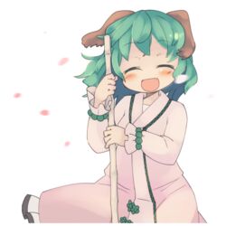  :d ^_^ animal_ears blush broom closed_eyes commentary dog_ears dress facing_viewer female green_hair happy heart_sutra ini_(inunabe00) kasodani_kyouko no_nose oerba_yun_fang open_mouth petals short_hair smile solo touhou 