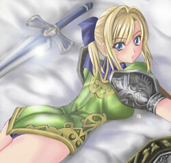  1041_(toshikazu) alternate_costume blonde_hair blue_eyes bow cassandra_alexandra female hairbow looking_back lying on_stomach solo soul_calibur soulcalibur_ii sword weapon 