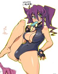  barefoot breasts cleavage cleavage_cutout clothing_cutout commentary_request coso-ri female fingerless_gloves food front_zipper_swimsuit gloves green_eyes large_breasts meme_attire one-piece_swimsuit original popsicle purple_hair side_ponytail solo swimsuit umizakura_tachimi 