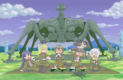  5girls =_= bird blonde_hair blue_hair breasts brown_eyes brown_hair commentary_request filicia_heideman food glasses hair_ornament hexapod highres instrument kannagi_noel kazumiya_rio long_hair medium_breasts military military_uniform multiple_girls onigiri outdoors owl short_hair shuko sora_no_woto sorami_kanata suminoya_kureha sunago takemikazuchi trumpet twintails uniform 