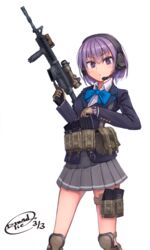  acog ammunition_pouch asato_miyo assault_rifle bad_id bad_pixiv_id dreadtie female gloves gun headset highres holding holding_gun holding_weapon knee_pads laser_sight little_armory load_bearing_vest m4_carbine magazine_(weapon) pouch purple_eyes purple_hair rifle scope short_hair solo trigger_discipline vertical_foregrip watch weapon 