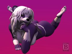  2015 3d_(artwork) 4:3 anthro ass bear big_breasts big_butt biped black_nose blx24 bra breasts clothing digital_media_(artwork) female fur giant_panda green_eyes hair hi_res hindpaw lips long_hair looking_at_viewer lying mammal nails on_front panties paws purple_body purple_fur purple_lips solo thong underwear white_body white_fur white_hair 