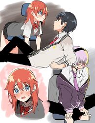  2boys acceptor barefoot black_hair bob_cut cardigan commentary_request female genderswap_(ftm) genderswap_(mtf) glasses gridman_universe hibiki_yuuta highres indian_style karasuma_yayoi long_hair looking_at_another lying multiple_boys on_back red_hair rule_63 school_uniform shinjou_akane sitting ssss.gridman takarada_rikka wet 