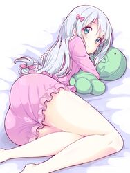  ass bed bloomers blouse blue_eyes blue_hair blush closed_mouth commentary_request eromanga_sensei female frills grey_hair hair_ribbon highres hugging_object izumi_sagiri legs legs_folded legs_together long_hair looking_at_viewer lying on_side pajamas pillow pillow_hug pink_pajamas pink_shirt ribbon shirt solo stuffed_animal stuffed_octopus stuffed_toy thighs underwear yamabuki_zarame 