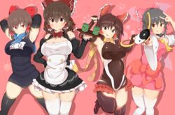  4girls absurdres akabeco benikurage_(cookie) black_hair black_thighhighs blush bow breasts brown_eyes brown_hair cleavage closed_mouth commentary_request cookie_(touhou) cosplay cup hair_tubes hairbow hakurei_reimu highres kanna_(cookie) large_breasts looking_at_viewer mizuki_yukikaze mizuki_yukikaze_(cosplay) multiple_girls one-piece_swimsuit open_mouth pink_bow plump red_bow red_eyes reu_(cookie) sananana_(cookie) school_swimsuit short_hair smile swimsuit taimanin_(series) taimanin_yukikaze thighhighs touhou waitress white_legwear yunomi 