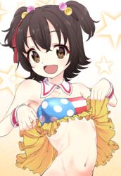  :d akagi_miria bad_id bad_pixiv_id black_hair blush bottomless brown_eyes clothes_lift detached_collar female hair_bobbles hair_ornament hair_ribbon hisayaki_kyuu idolmaster idolmaster_cinderella_girls looking_at_viewer navel open_mouth pikapikapop_(idolmaster) ribbon shirt_lift short_hair smile solo two_side_up wristband 