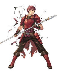  1boy armor arrow_(projectile) boots cuboon fingerless_gloves fire_emblem fire_emblem_echoes:_shadows_of_valentia fire_emblem_heroes full_body gloves highres injury lukas_(fire_emblem) male_focus official_art polearm red_armor red_eyes red_hair simple_background solo spear teeth torn_clothes weapon white_background 