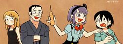  2boys 2girls absurdres artist_name bad_id bad_twitter_id blush bottle bow bowtie brown_background commentary_request dagashi_kashi drinking_straw endou_saya fujiko_f_fujio_(style) hair_ornament hairband hairclip highres kagino_maki multiple_boys multiple_girls one_eye_closed parody pen purple_eyes purple_hair scar shidare_hotaru shikada_kokonotsu shikada_you style_parody sweatdrop 