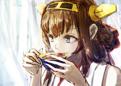  bad_id bad_pixiv_id brown_hair cup female hair_ornament kantai_collection kongou_(kancolle) long_hair photoshop_(medium) portrait solo tea teacup total 