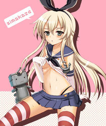  anchor anchor_hair_ornament black_panties blonde_hair breasts commentary_request elbow_gloves female gloves hair_ornament hairband kantai_collection kumao_mofumofu long_hair navel panties photoshop_(medium) pleated_skirt rensouhou-chan shimakaze_(kancolle) skirt small_breasts striped_clothes striped_thighhighs thighhighs underboob underwear white_gloves 