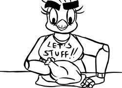  2016 animatronic anthro avian bib bird black_and_white chica_(fnaf) chicken english_text female fisting five_nights_at_freddy&#039;s food galliform gallus_(genus) inkyfrog machine meat monochrome penetration phasianid robot scottgames simple_background smile solo text white_background 