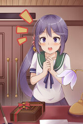  akebono_(kancolle) bell box commentary_request female flower gift gift_box hair_bell hair_flower hair_ornament indoors jingle_bell kantai_collection long_hair purple_eyes purple_hair sazaki_hiyoru school_uniform serafuku short_sleeves side_ponytail solo standing table very_long_hair 