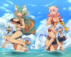  4girls ahoge all_fours animal_ear_fluff animal_ears bare_shoulders bikini bit_gag blue_eyes blue_hair blush bondage breasts bridle brown_hair cleavage collarbone commentary_request femdom gag gagged gradient_hair green_hair green_tail holding holding_reins horseback_riding kuromiya kuromiya_raika_(kuromiya) kuzakura_mika_(kuromiya) large_breasts long_hair multicolored_hair multiple_girls ocean oerba_yun_fang one_eye_closed open_mouth orange_hair original outdoors pet_play pink_hair pony_play purple_eyes reins riding saddle shiromiya_asuka_(kuromiya) sitting sitting_on_person souma_ren_(kuromiya) stirrups_(riding) swimsuit tail thighhighs two-tone_hair water white_hair yellow_eyes yuri 