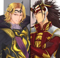  2boys armor blonde_hair brown_eyes brown_hair cape circlet commentary_request crossed_arms fire_emblem fire_emblem_fates gloves gold_trim headpiece highres horns long_hair male_focus multiple_boys red_eyes ryoma_(fire_emblem) sou_mei tassel teeth upper_body xander_(fire_emblem) 