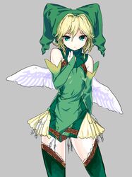  1boy 7t7t7t7 adapted_costume arm_behind_back bare_shoulders blonde_hair bridal_gauntlets commentary_request cowboy_shot crossdressing dress elona feathered_wings feathers green_dress green_eyes green_hat green_thighhighs grey_background hair_between_eyes hair_intakes hand_up hat jester_cap kumiromi_of_harvest legs_apart looking_at_viewer male_focus otoko_no_ko short_dress short_hair simple_background sleeveless sleeveless_dress solo standing thighhighs turtleneck white_wings wings zettai_ryouiki 