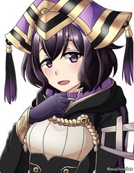  black_hair commentary female fire_emblem fire_emblem_awakening fire_emblem_heroes gloves hat hood hood_down long_sleeves maji_(majibomber) morgan_(female)_(fire_emblem) morgan_(fire_emblem) open_mouth purple_eyes short_hair simple_background solo twitter_username white_background 