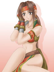  1041_(toshikazu) armlet brown_eyes brown_hair earrings female jewelry long_hair midriff navel seong_mi-na sitting solo soul_calibur soulcalibur_ii 