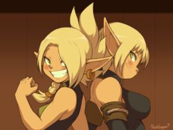  2girls artist_name bare_shoulders blonde_hair braid breasts clenched_teeth cleophee commentary cra_(wakfu) earrings english_commentary evangelyne_(wakfu) green_eyes jewelry medium_breasts multiple_girls nestkeeper pointy_ears short_hair siblings single_braid sisters small_breasts smile teeth wakfu 