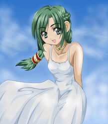  1041_(toshikazu) :d bare_shoulders braid dress female green_hair looking_at_viewer open_mouth smile solo soul_calibur soulcalibur_ii talim 