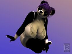  3d_(artwork) 4:3 anthro bear big_breasts biped black_body black_fur black_nose blx24 bottomless bra breasts clothed clothing digital_media_(artwork) female fur giant_panda hair hi_res hindpaw mammal nails paws purple_hair short_hair sitting solo underwear white_body white_fur 