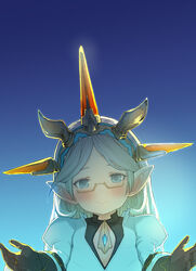  backlighting black_gloves blue_eyes blush commentary_request english_text female glasses gloves granblue_fantasy hairband harvin highres juliet_sleeves long_hair long_sleeves looking_at_viewer pointy_ears puffy_sleeves semi-rimless_eyewear smile solo upper_body walkalone white_hair zahlhamelina 