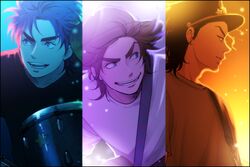  3boys backlighting black_border black_hair blue_eyes blue_hair border brown_hair column_lineup commentary_request drum earrings guitar hat instrument jewelry jojo_no_kimyou_na_bouken jonathan_joestar joseph_joestar joseph_joestar_(young) kujo_jotaro male_focus multiple_boys open_mouth smile yokozawa_(pyu-tohuku) 