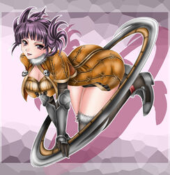  1041_(toshikazu) :p alternate_costume blade breasts cleavage female fur_trim jewelry looking_at_viewer mole purple_eyes purple_hair ring solo soul_calibur soulcalibur_iii thighs tira tira_(soulcalibur) tongue tongue_out weapon 