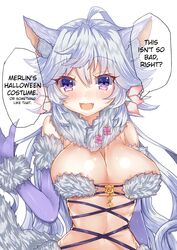  absurdres ahoge animal_ears blush breasts cleavage cosplay dangerous_beast dangerous_beast_(cosplay) elbow_gloves fate/grand_order fate/stay_night fate_(series) female fur_trim genderswap_(mtf) gloves halloween halloween_costume hard_translated highres large_breasts long_hair looking_at_viewer merlin_(fate/stay_night) miu_snpi navel oerba_yun_fang open_mouth purple_eyes rule_63 simple_background smile solo speech_bubble translated white_background white_hair wolf_ears 