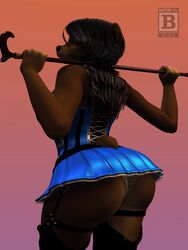  2015 3:4 3d_(artwork) anthro ass bear big_butt biped black_hair black_nose blx24 bottomwear brown_body brown_fur cane clothed clothing digital_media_(artwork) dress female fur furgonomics hair hi_res legwear long_hair looking_back mammal nails panties red_eyes skirt smile solo standing stockings tail tail_through_skirt thick_thighs underwear upskirt wide_hips 