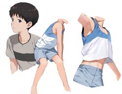  1boy arm_up armpits blue_eyes brown_hair h_p ikari_shinji looking_at_viewer male_focus midriff multiple_views neon_genesis_evangelion protected_link shirt short_sleeves shorts simple_background t-shirt tank_top white_background 