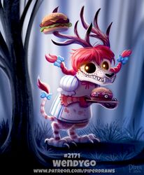  2018 alternate_species american_mythology antlers apron black_sclera blood bodily_fluids bone bow_ribbon braided_hair burger cheese cheese_singles claws clothing dairy_products deer digital_media_(artwork) digital_painting_(artwork) dress fangs female food fruit fur furrification glowing glowing_eyes grass hair horn humor indigenous_north_american_mythology lettuce mammal meat monster mythology night north_american_mythology piper_thibodeau plant pun red_body red_fur red_hair skull solo teeth text tomato tree twintails undead url vegetable visual_pun wendigo wendy&#039;s wendy_thomas white_body white_fur yellow_eyes 