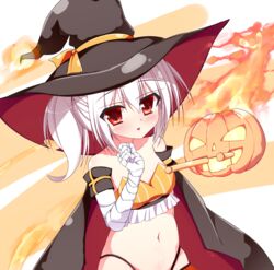  ayanami_(azur_lane) ayanami_(witch_in_ambush)_(azur_lane) azur_lane bandaged_arm bandages bare_shoulders black_hat black_panties blush brown_cape cannon cape collarbone commentary_request female fire glowing hair_between_eyes halloween hand_up hat highleg highleg_panties highres jack-o&#039;-lantern kuro75268 long_hair looking_at_viewer multicolored_cape multicolored_clothes navel official_alternate_costume panties parted_lips red_cape red_eyes side_ponytail sidelocks solo underwear white_hair witch_hat 