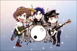  3boys band bass_guitar belt black_border black_hair blue_hair boots border brown_footwear brown_hair commentary_request drum drum_set drumsticks electric_guitar green_eyes guitar hat instrument jojo_no_kimyou_na_bouken jonathan_joestar joseph_joestar joseph_joestar_(young) kujo_jotaro multiple_boys music one_eye_closed open_mouth playing_instrument red_footwear shirt smile star_(symbol) t-shirt twitter_username yokozawa_(pyu-tohuku) 