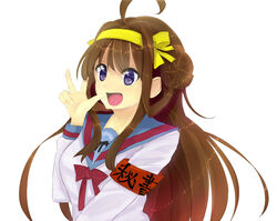  alternate_costume armband blue_eyes blue_sailor_collar brown_hair commentary_request cosplay double_bun female hair_bun hairband kantai_collection kita_high_school_uniform kongou_(kancolle) long_hair look-alike open_mouth sailor_collar school_uniform serafuku skirt solo sonyntendo suzumiya_haruhi suzumiya_haruhi_(cosplay) suzumiya_haruhi_no_yuuutsu trait_connection translated winter_uniform yellow_hairband 