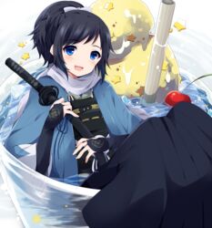  1boy anmitsu_(dessert) bad_id bad_pixiv_id black_hair blue_eyes bow bowl bridal_gauntlets cherry food fruit hairbow haori in_container in_food japanese_clothes katana male_focus mole mole_under_eye open_mouth ponytail scarf smile solo star_(symbol) sword touken_ranbu uguisu_mochi_(ykss35) weapon yamato-no-kami_yasusada 