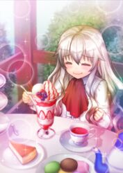  bangs blue_eyes blush closed_mouth eelde_(nakaishow) eyebrows_visible_through_hair female food hair_between_eyes ice_cream lolicon long_hair long_sleeves nakaishow parfait shirt silver_hair spoon symbol-shaped_pupils wavy_hair white_shirt 