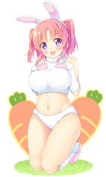  :d animal_ears animal_hands bare_shoulders belly blush breasts carrot commentary_request crop_top female fluffy_legwear full_body gloves highres hip_focus kazuma_(kazumav) large_breasts long_hair looking_at_viewer midriff mikakunin_de_shinkoukei navel open_mouth paw_gloves pink_hair purple_eyes rabbit_ears shiny_skin short_hair simple_background smile solo thighs two_side_up white_background white_gloves yonomori_kobeni 