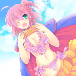  ;d ahoge alice_wishheart bikini blush breasts cape cleavage cloud commentary_request day earrings female frilled_bikini frills green_eyes happy heart jewelry magical_halloween medium_breasts navel oerba_yun_fang one_eye_closed open_mouth orange_skirt pink_hair shiny_skin short_hair side_ponytail skirt sky smile solo star_(symbol) star_earrings swimsuit thigh_gap tokinon undressing 