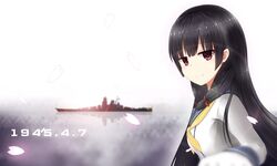  1945 anniversary battleship black_hair blurry blush breasts commentary dated depth_of_field driftkingtw falling_petals female from_side gloves hair_ribbon highres isokaze_(kancolle) kantai_collection lens_flare long_hair long_sleeves looking_at_viewer looking_to_the_side military military_vehicle neckerchief ocean petals red_ribbon reflection ribbon sad_smile sailor_collar school_uniform serafuku ship silhouette small_breasts smokestack solo tears tress_ribbon upper_body warship water watercraft white_gloves yamato_(battleship) yellow_neckerchief 