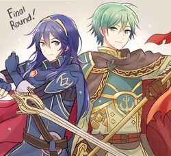  1boy armor blue_eyes blue_hair blush cape commentary_request dinikee ephraim_(fire_emblem) female fire_emblem fire_emblem:_the_sacred_stones fire_emblem_awakening fire_emblem_heroes green_hair highres long_hair looking_at_viewer lucina_(fire_emblem) short_hair smile sword tiara weapon 