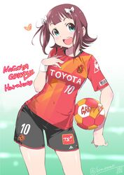  :d amami_haruka ball blush brown_hair commentary_request female green_eyes hair_ribbon heart highres idolmaster idolmaster_(classic) inoue_sora j._league looking_at_viewer nagoya_grampus open_mouth ribbon short_hair short_sleeves shorts signature smile soccer soccer_ball soccer_uniform solo sportswear toyota twitter_username wristband 