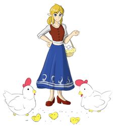  2018 avian bangs bird blonde_hair blue_eyes chicken clothed clothing crossdressing digital_media_(artwork) dress egg femboy feral footwear galliform gallus_(genus) group hair hi_res high_heels humanoid hylian link looking_at_viewer male nintendo phasianid pumps red_clothing red_footwear red_high_heels sealguy shoes simple_background smile solo_focus the_legend_of_zelda white_background 