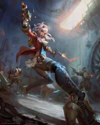  2boys ass blue_eyes breasts commentary dual_wielding explosive female firing foreshortening from_below goggles goggles_on_head grenade gun handgun helmet high_heels holding lips looking_to_the_side multiple_boys open_mouth original photoshop_(medium) pink_hair ponytail skin_tight steampunk thigh_strap weapon yu_cheng_hong 