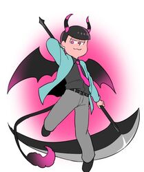  1boy :3 commentary_request demon_horns demon_tail demon_wings floating formal horns jacket male_focus matsuno_todomatsu necktie open_clothes open_jacket osomatsu-kun osomatsu-san osomatsu_(series) pink_eyes pink_necktie rey0 scythe solo suit tail wings 