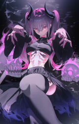  black_horns black_shirt black_skirt black_sleeves black_thighhighs breasts closed_mouth commentary crop_top detached_sleeves feet_out_of_frame female hair_between_eyes hair_intakes highres horns kangshi knee_up large_breasts long_fingers long_hair looking_at_viewer original outstretched_arms pleated_skirt red_eyes see-through_body shirt skeleton skirt skull solo thighhighs twintails underboob white_hair zombie_pose 