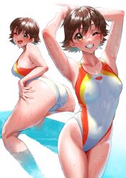  armpits arms_up ass breasts brown_eyes brown_hair competition_swimsuit female highres honda_mio idolmaster idolmaster_cinderella_girls kilesha looking_at_viewer medium_breasts multiple_views nipples one-piece_swimsuit one_eye_closed smile solo swimsuit wet white_one-piece_swimsuit 